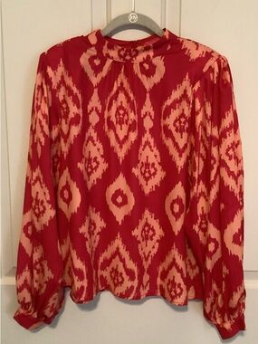 Flying Tomato Red and Cream Ikat Print Long Sleeve Blouse